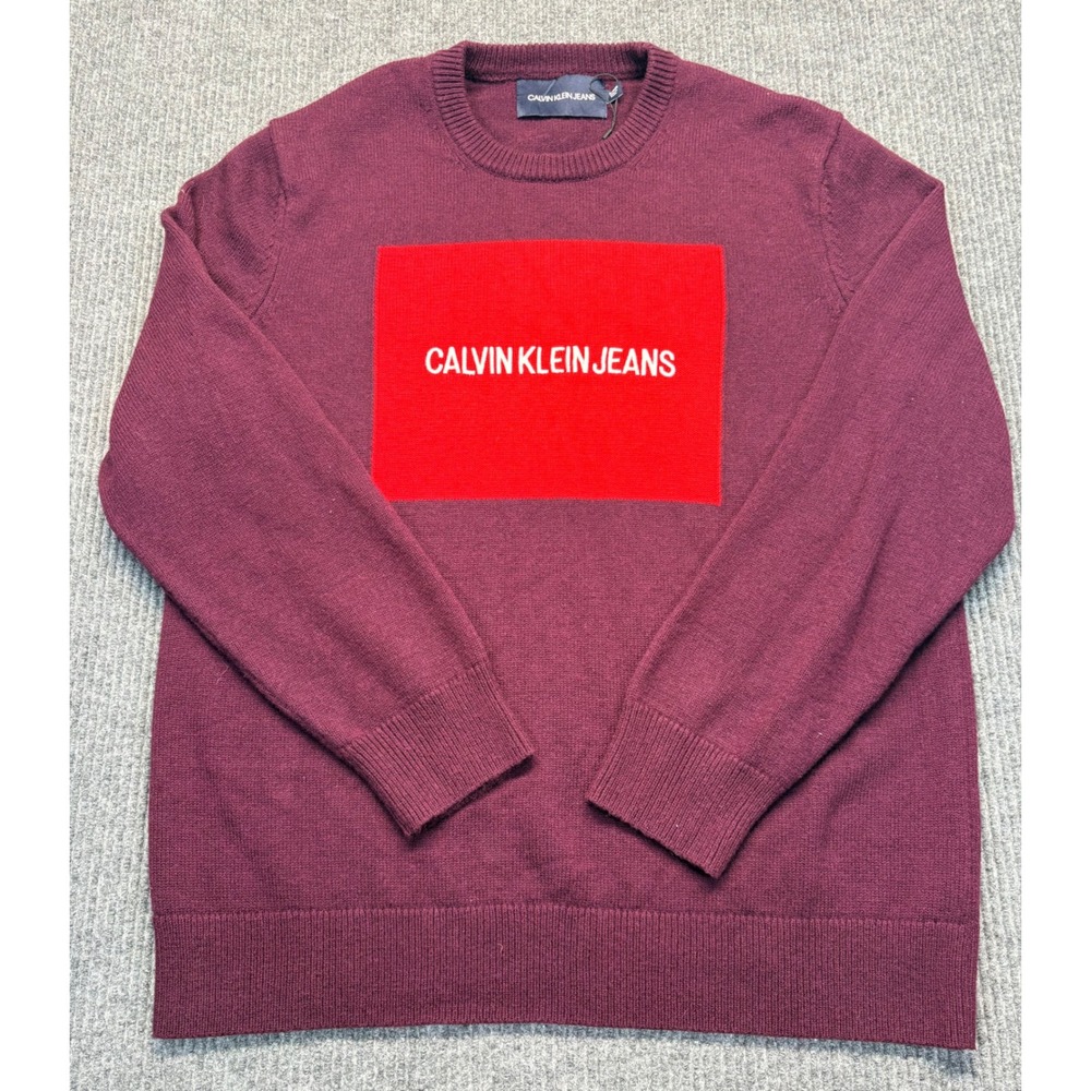 Calvin Klein Jeans Mens XL Burgundy Wool Blend Logo Box Crewneck Sweater
